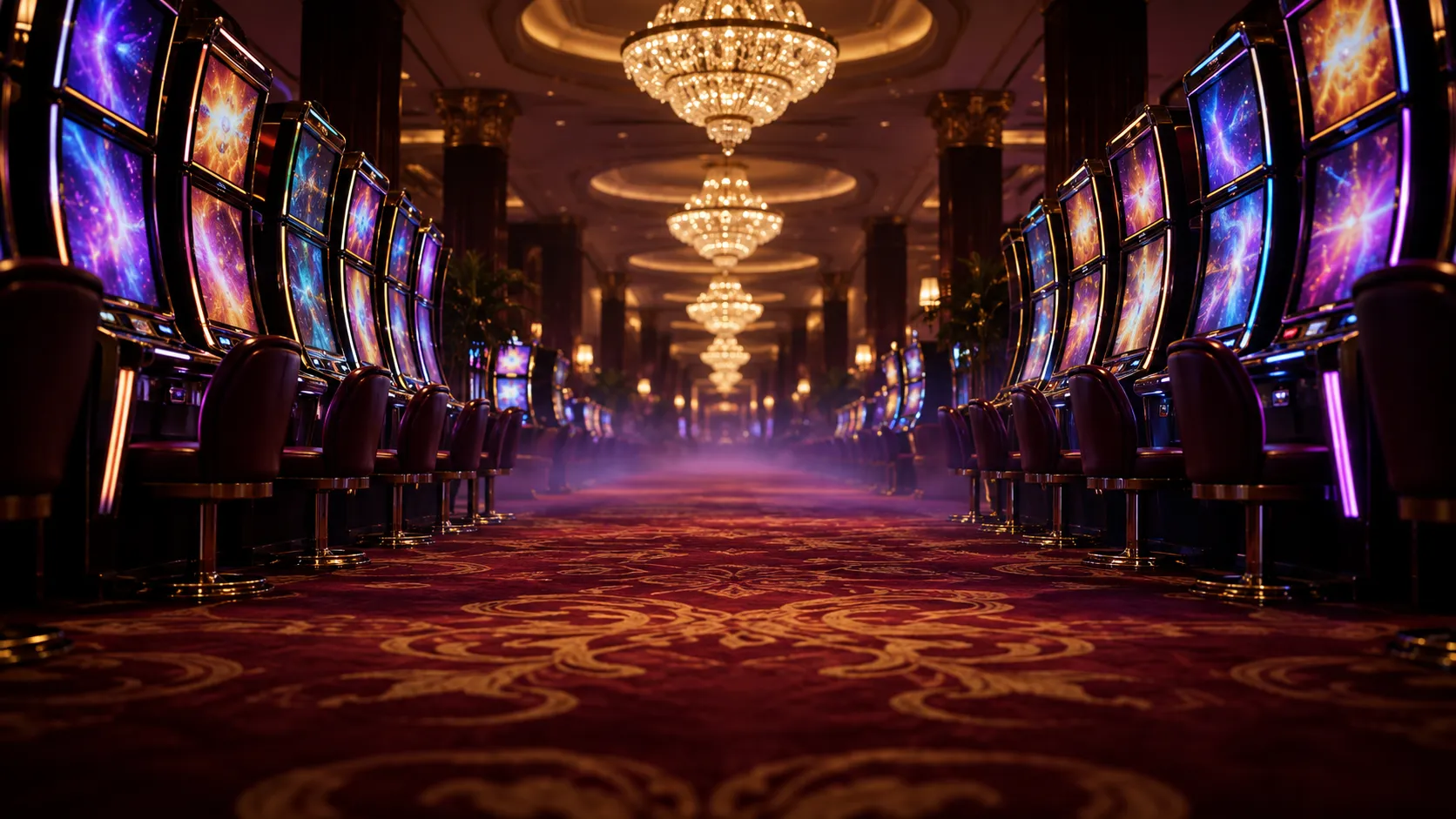 Empty luxury casino gaming hall lit for evening play, the kind of floor Here2Win Casino mirrors on mobile