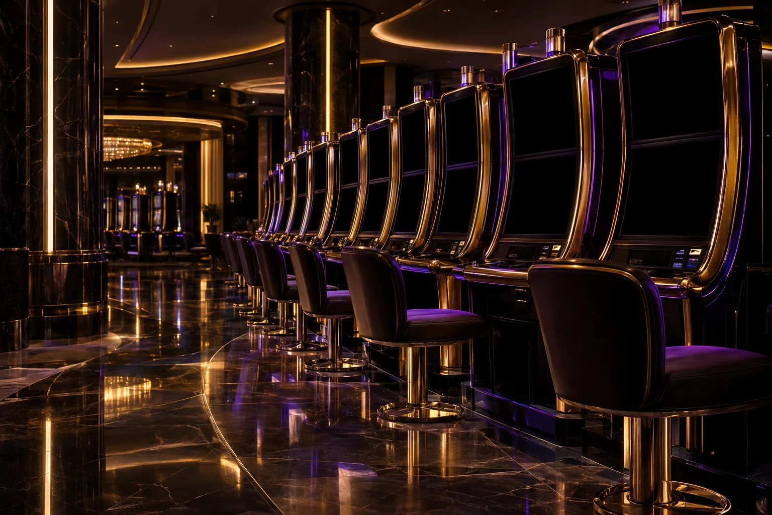 Rows of lit Here2Win Casino pokies on the gaming floor