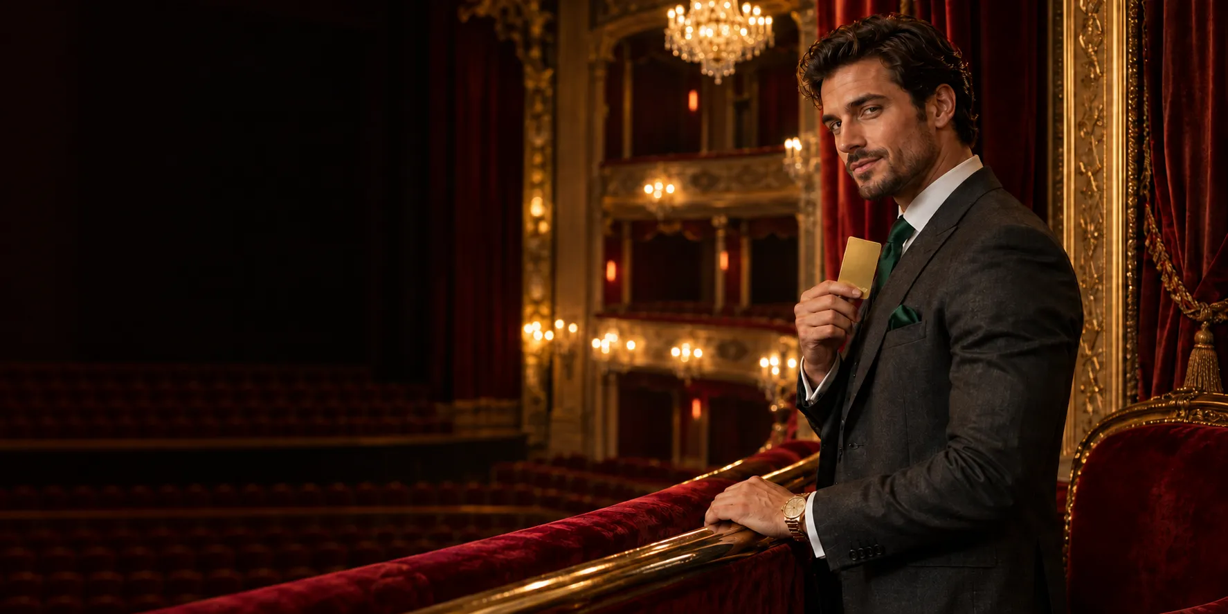 Man holding a gold credit card in a private velvet opera box, standing in for a Here2Win Casino payment method