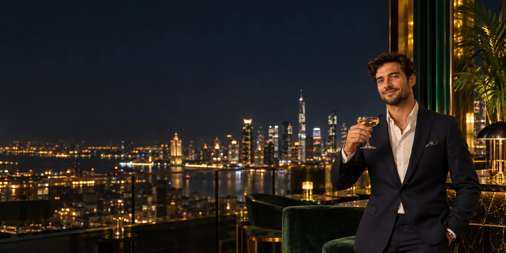 Confident man in a navy suit with champagne at a rooftop sky bar over a glittering city