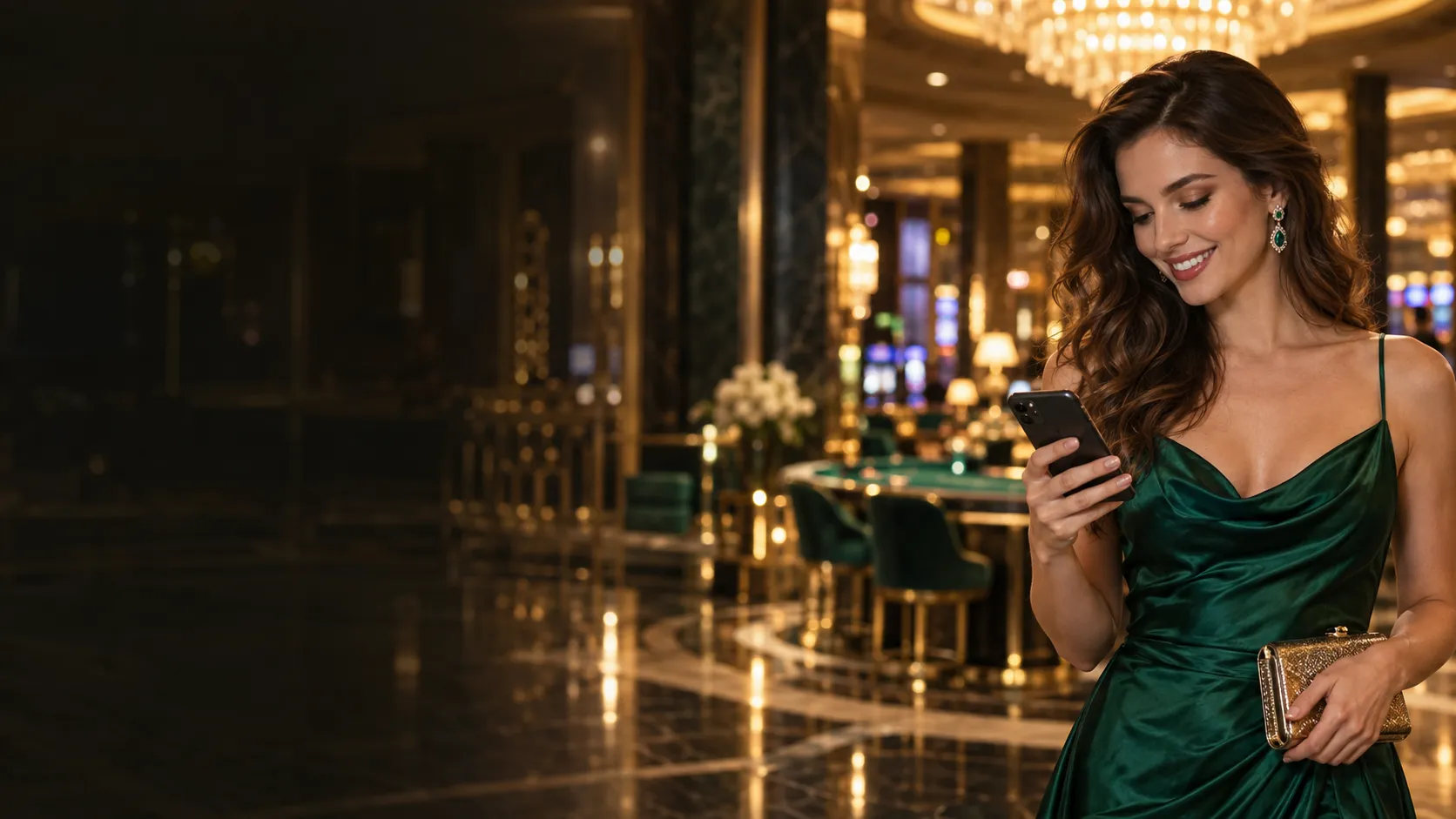 Woman in an emerald evening dress checking her phone in a glamorous casino lobby