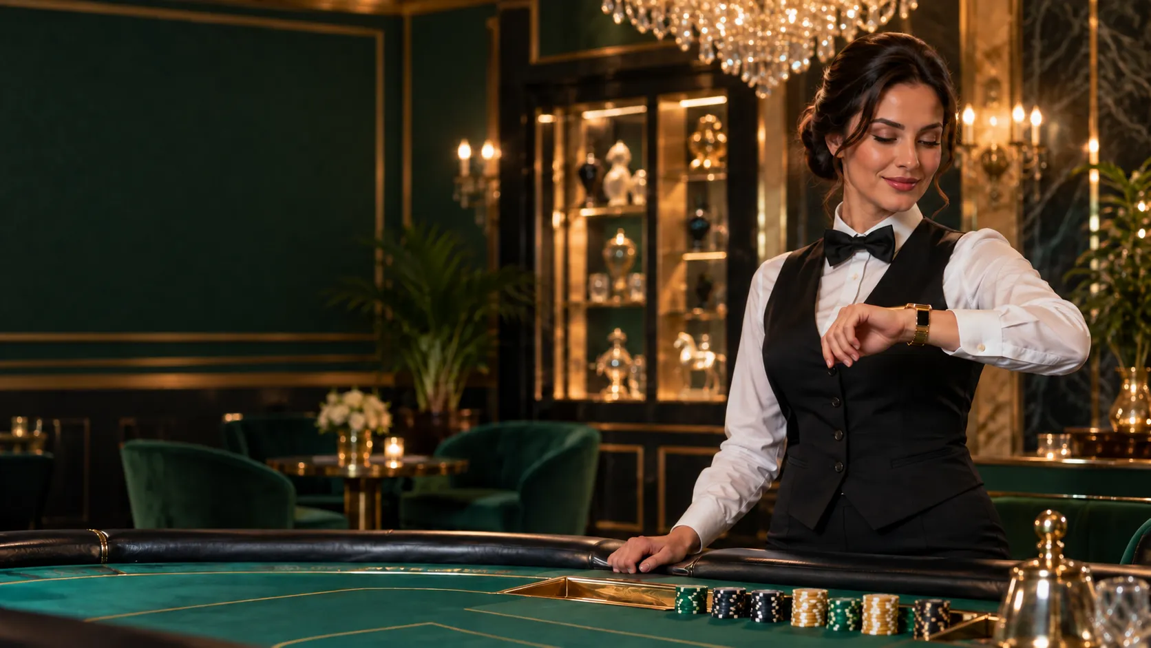 Croupier checking a gold smartwatch, symbolising mobile access to Here2Win Casino