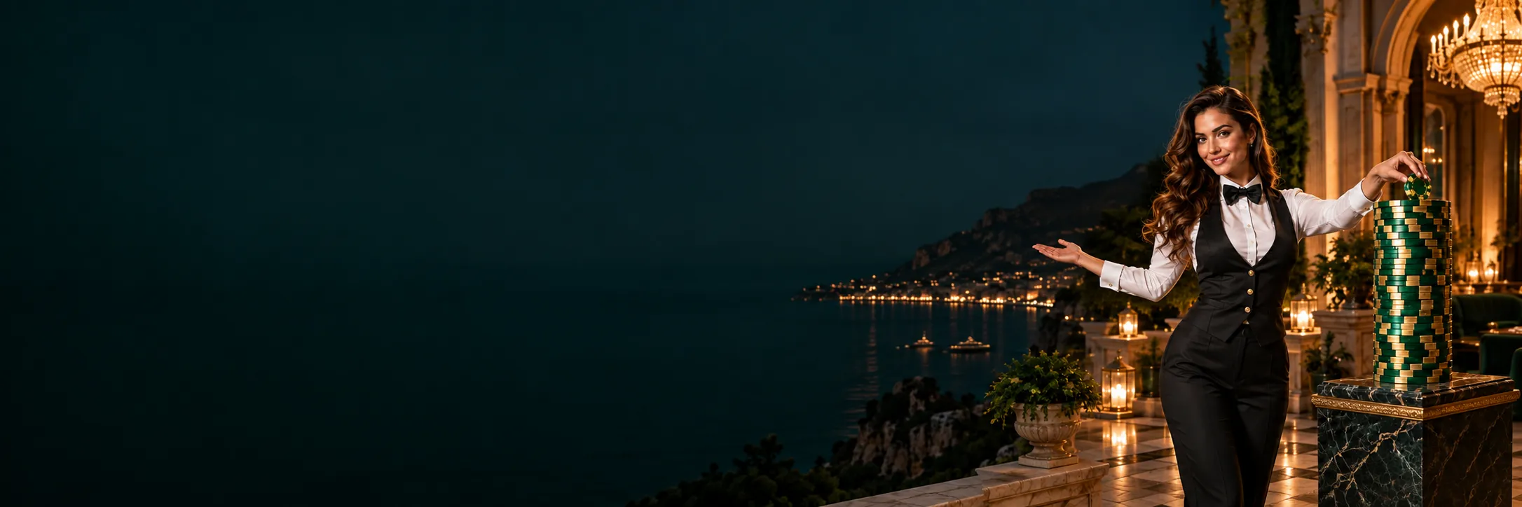 Croupier beside a towering stack of casino chips on a cliffside villa terrace at night, welcoming players to Here2Win Casino