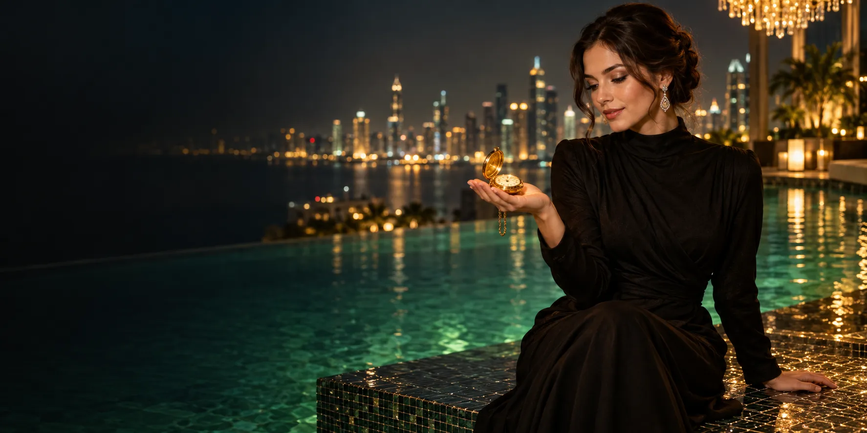 Woman checking a gold pocket watch beside a rooftop infinity pool at night