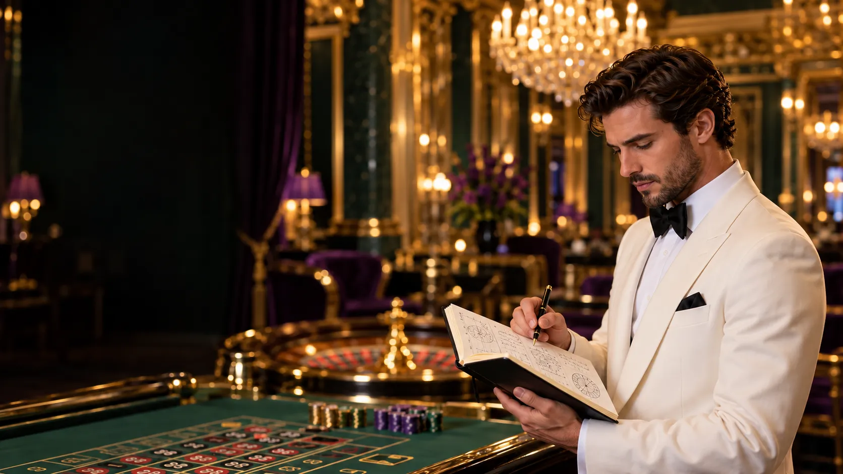 Man writing notes in a press notebook beside a gilded roulette wheel