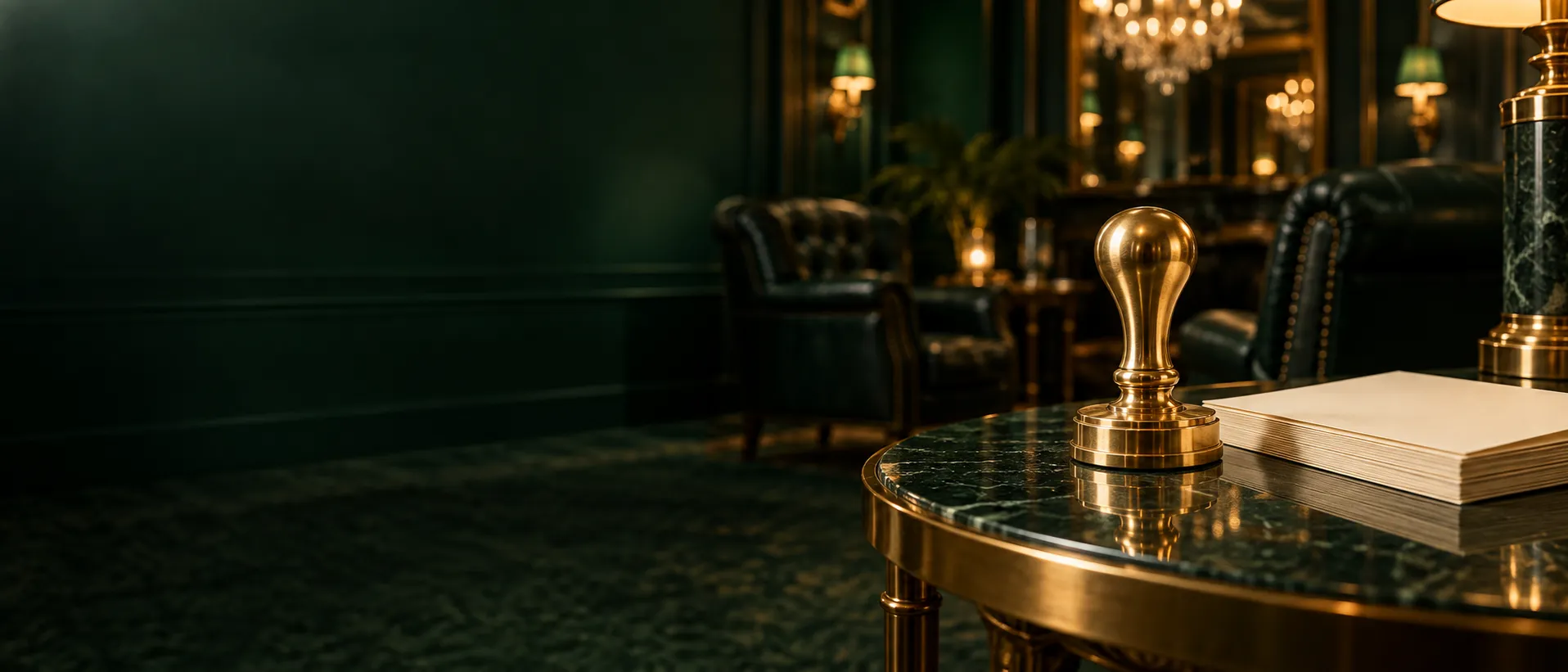 Brass desk stamp on a side table in an exclusive poker lounge