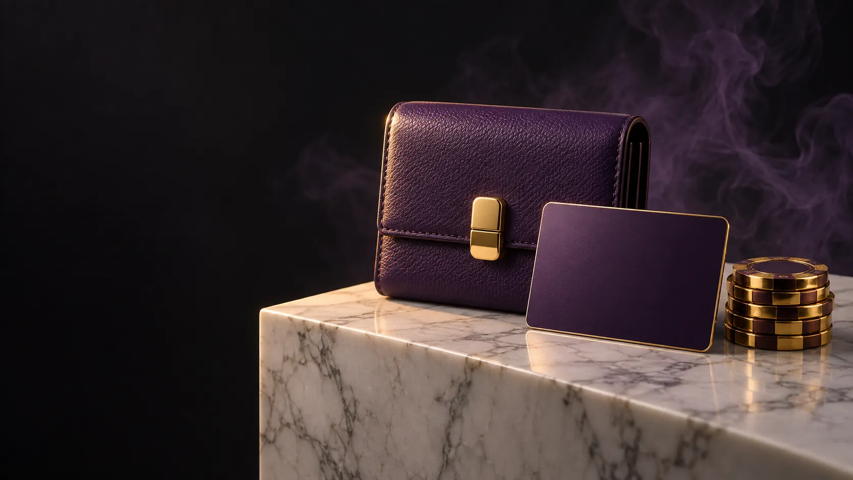 Wallet resting on a plinth beside stacked coins